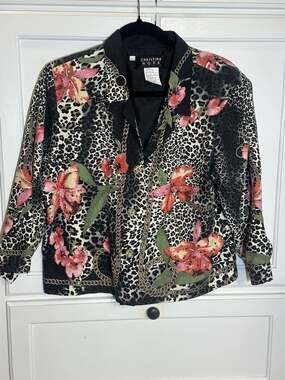 Christina Hope PL 100% Silk Beaded Floral Leopard Print Jacket Blouse Jacket